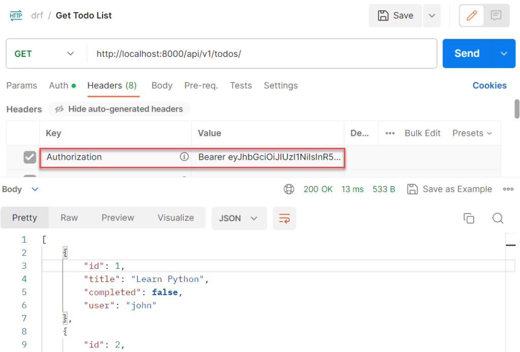 Использование Postman для вызова API с конечной точкой api/v1/todos/