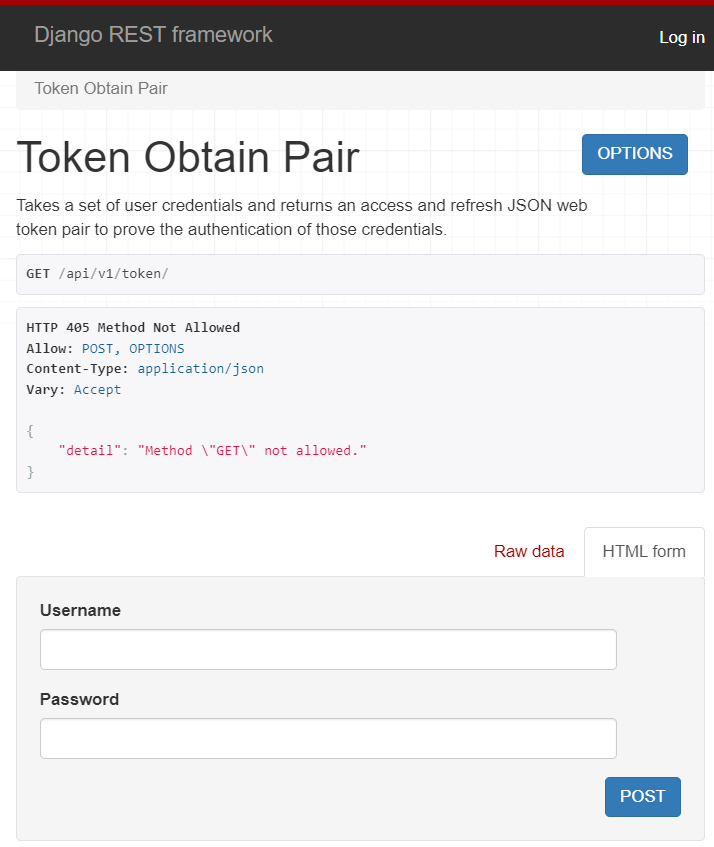 Пример открытия конечной точки api/v1/token/ в веб-браузере
